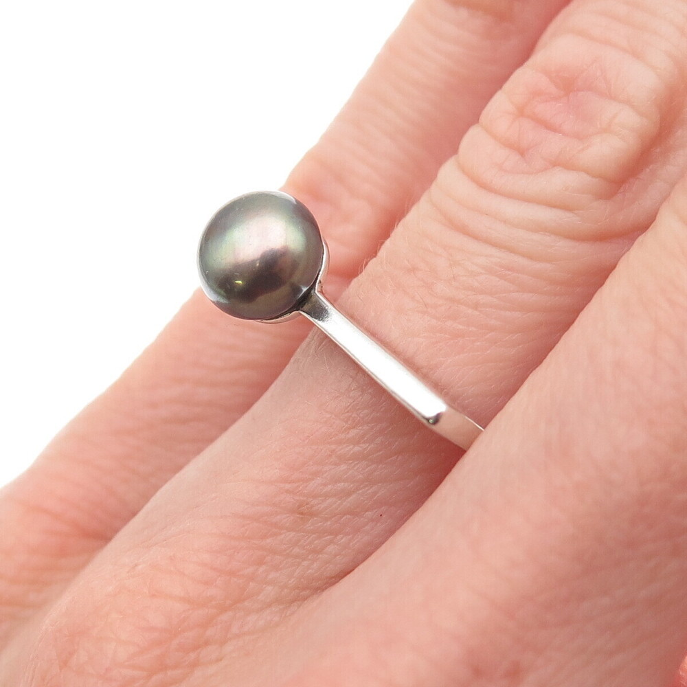 Shube 925 Sterling Silver Vintage Real Tahitian Pearl Modernist Ring Size 4.75 - Picture 2 of 9